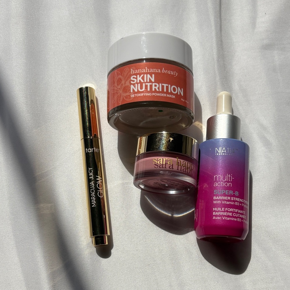 Powder mask, Tarte highlighter, barrier oil, and lip mask bundle